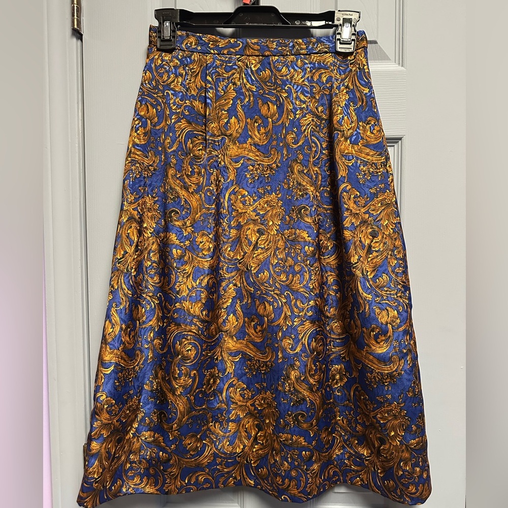 Luxurious Baroque Blue and Gold A-Line Skirt